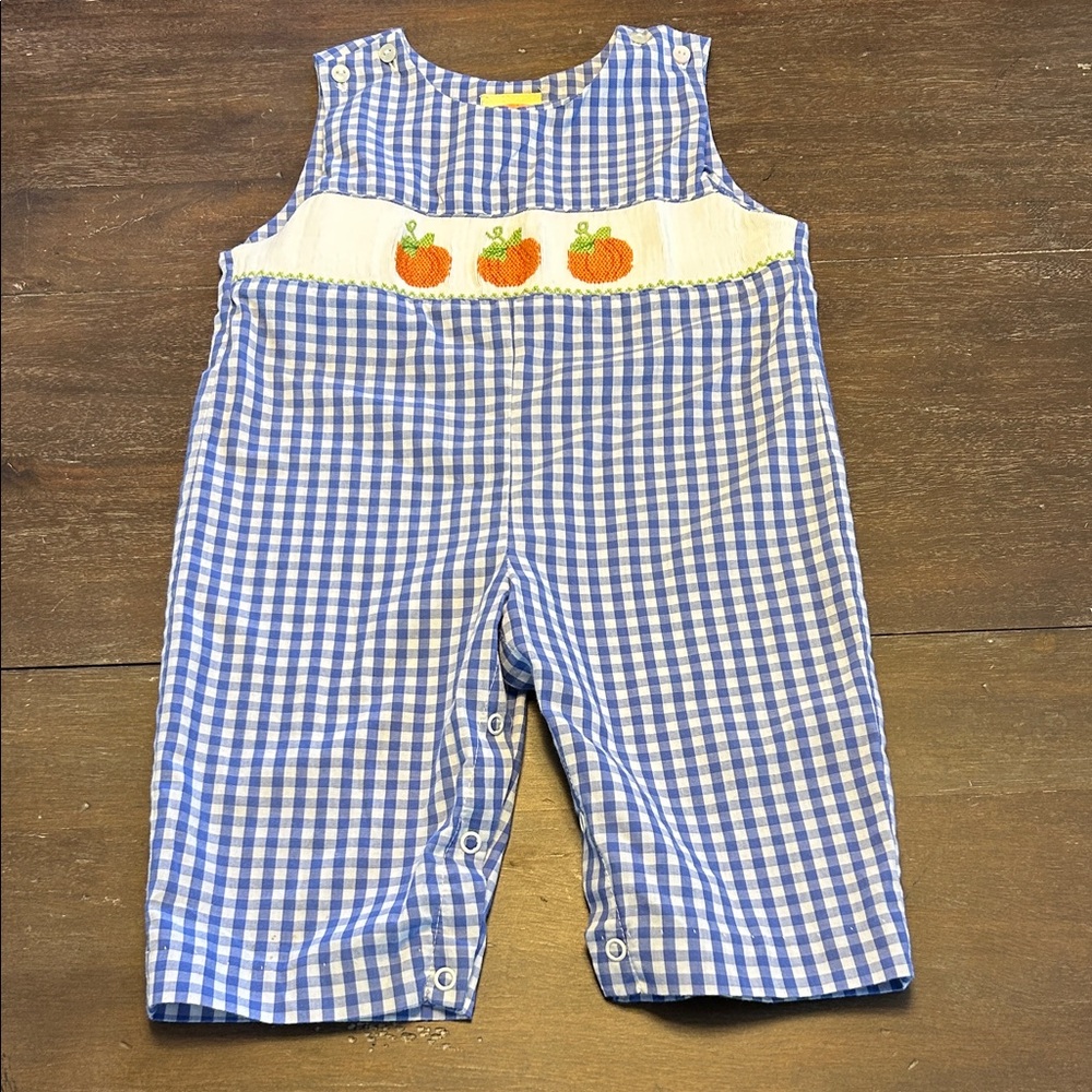 Southern Sunshine Kids Smocked Pumpkins Blue/ White Check Romper
